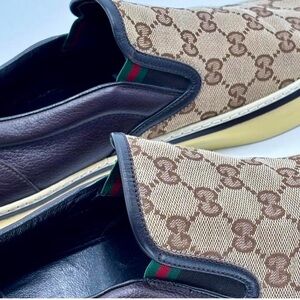 Brown GG Canvas Slip-On Loafers. Authntic